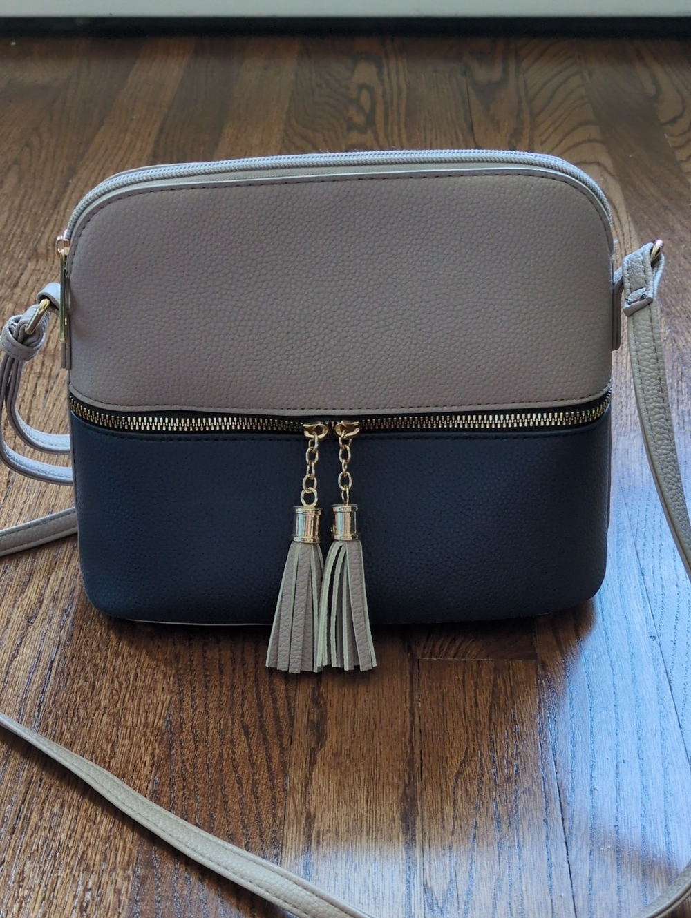 Neutral Two-Tone Crossbody Bag with Tassel Accent